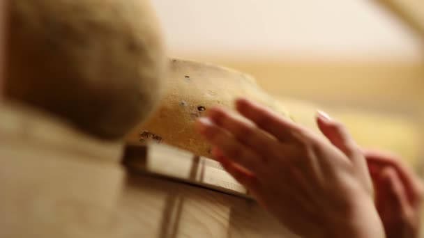 Close up van vrouw hand verplaatsen kaas — Stockvideo