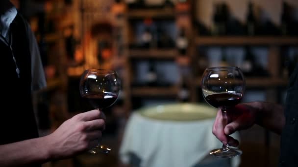 Два человека пьют красное вино — стоковое видео