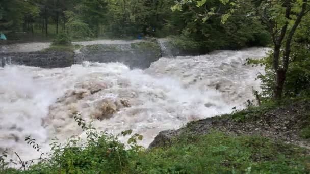 Blick auf zunehmenden unruhigen Fluss mit etwas Nebel in der Luft — Stockvideo