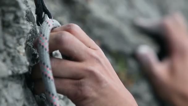 Close up of a hand rock climbing in nature — Stock Video