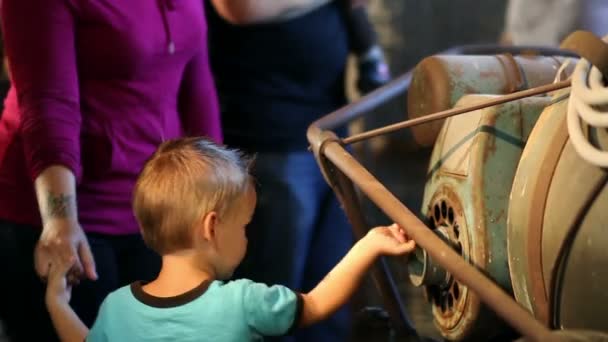 Niño mirando una exposición en un museo — Vídeos de Stock