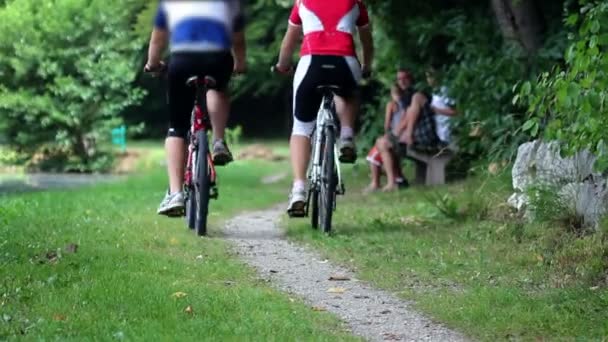 Genç bir çift Bisiklet doğa ve geçen aile bu bankta oturur. — Stok video