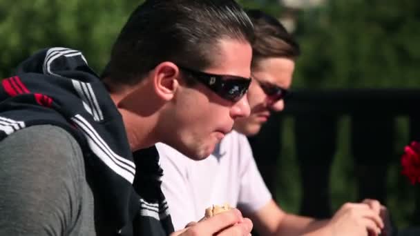 Friends eating lunch in nature — Stock Video