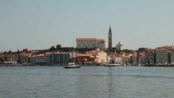 Shot of the shore near Piran, taken from the moving boat — Stock Video