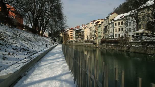 Panoramabild av floden ljubljanica i den gamla delen av staden ljubljana — Stockvideo