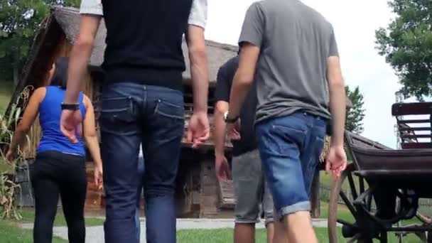 Fotografía de un grupo de jóvenes que visitan una granja antigua pero muy conservada — Vídeo de stock