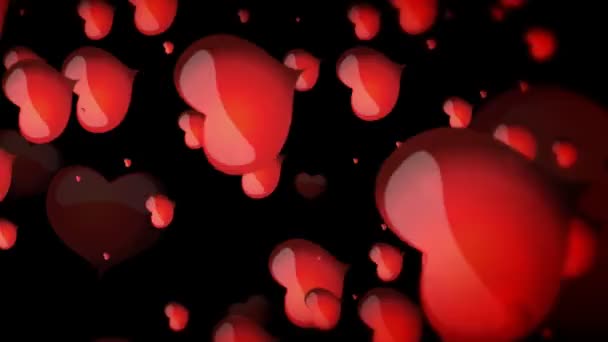 Plovoucí srdce na černém pozadí animace pro den svatého Valentýna — Stock video