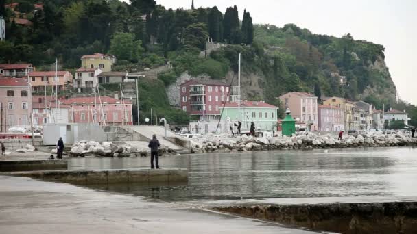 El hombre en el muelle está pescando y algunos caminantes están mirando al mar — Vídeos de Stock