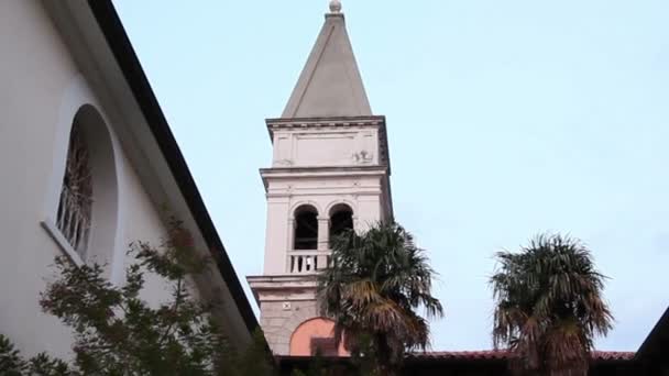 Постріл церковної вежі і двору з деякими пальмами попереду — стокове відео