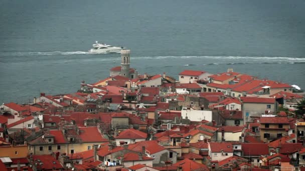 Tiro de la lancha rápida que pasa cerca de Piran — Vídeos de Stock