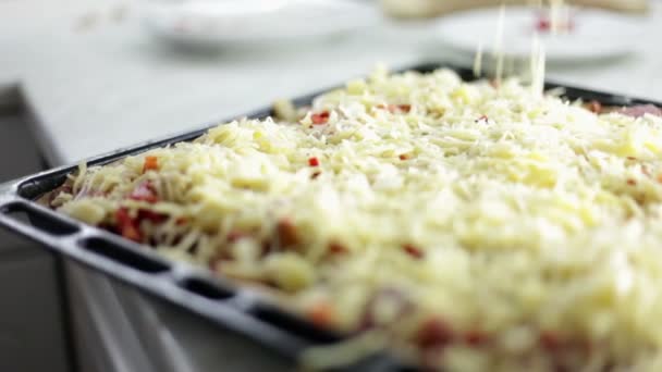 Close-up tiro de uma assadeira preta com massa e uma pessoa que está colocando em diferentes tipos de ingredientes para pizza — Vídeo de Stock