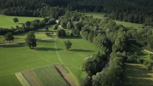 Scivolo panoramico ripreso da elicottero raffigurante valle con campi, prati, bosco e poche case — Video Stock