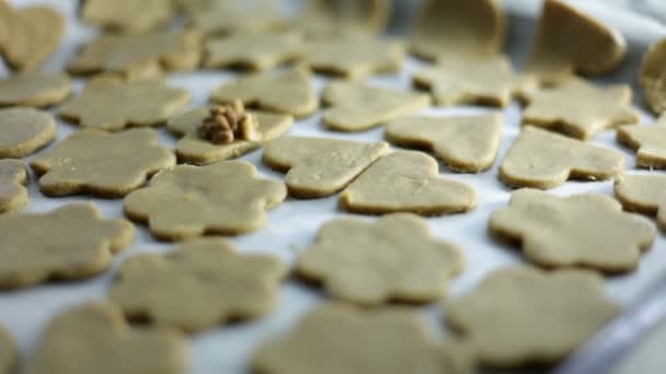 Lövés közelről egy frissen, csak vágott a cookie-k egy tálcán — Stock videók