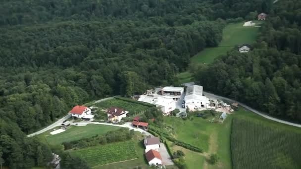 Vue panoramique depuis un hélicoptère représentant une vallée avec des champs, des prairies, une forêt et peu de maisons — Video