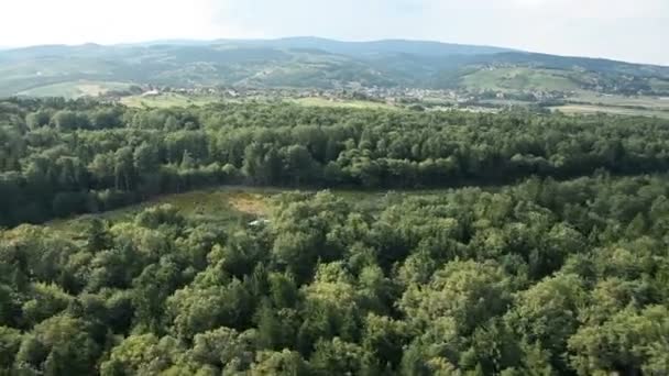 Panorama slajdów zdjęcia z helikoptera reprezentujących piękne zielone doliny z autostrady w środku — Wideo stockowe