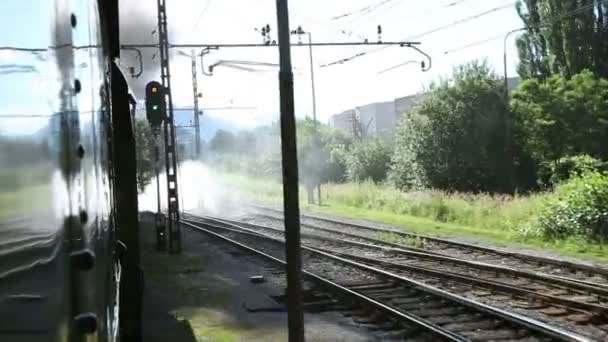 Съемка пейзажа, проходящего мимо поезда — стоковое видео