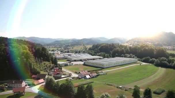 Panorama slide shot from helicopter representing roof covered with solar power station — Stock Video