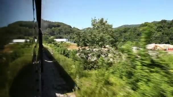 Tiro del tren que pasa por el paisaje, con reflejo de él en el carruaje — Vídeo de stock