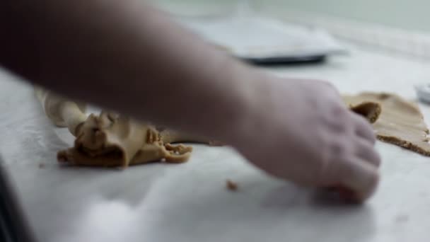 Close up shot of man hands that are making dough for cookies — Stock Video
