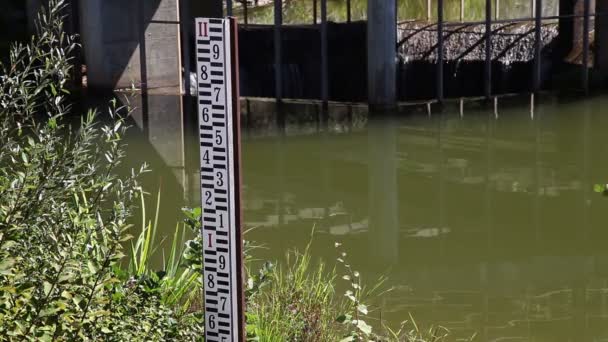 Крупный план измерительного устройства на берегу реки — стоковое видео