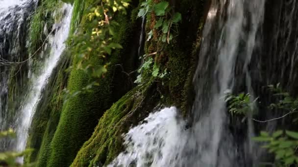 Bliska strzał z małym wodospadem w park narodowy plitvice Chorwacja — Wideo stockowe