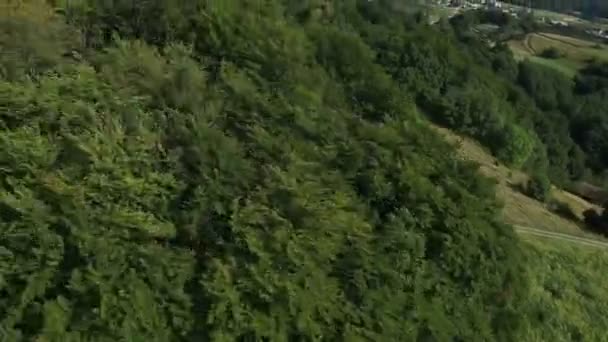 Panorama de diapositivas desde helicóptero que representa las colinas cubiertas de bosque verde — Vídeos de Stock