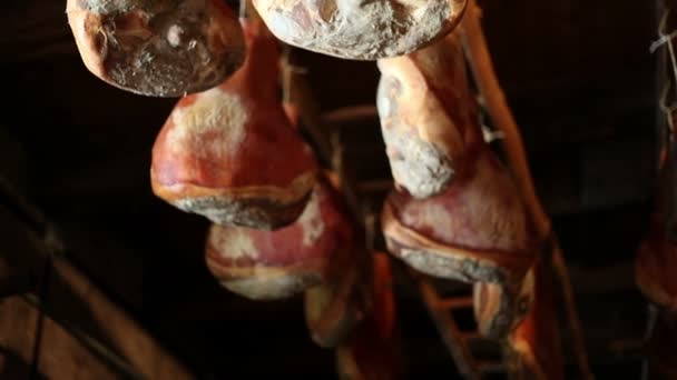 Shot of a prosciutto hanging and drying — Stock Video