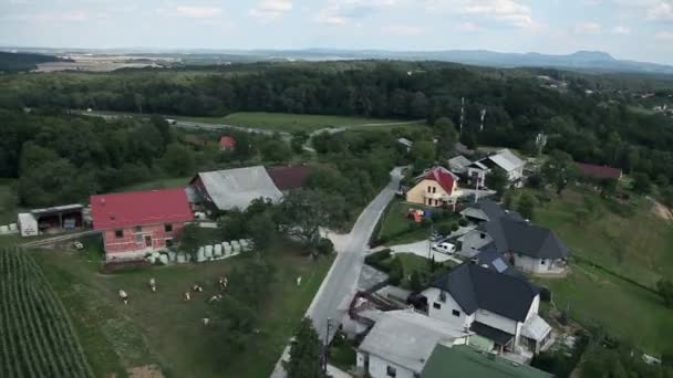 Panorama-Dia-Aufnahme aus dem Hubschrauber, die ein Tal mit Feldern, Wiesen, Wald und wenigen Häusern darstellt — Stockvideo