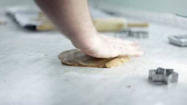 Close up shot of man hands that are making tough for cookies — стоковое видео