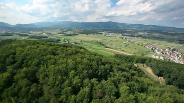 HD heli shot de village près de la forêt avec des routes — Video