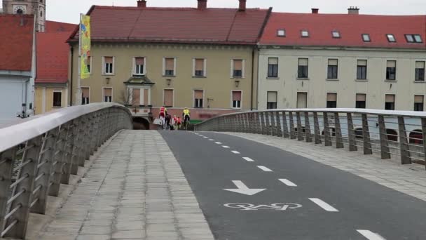 Carro dirigindo na ponte em direção a uma cidade — Vídeo de Stock