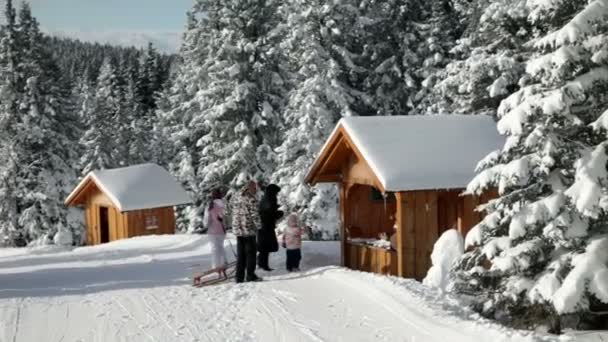 Family with sleigh visiting small wooden houses — Stock Video