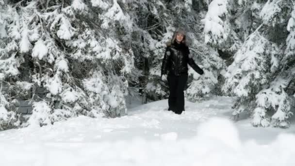 Jovem mulher gostando de caminhar na neve profunda — Vídeo de Stock