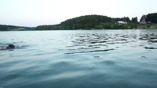 Moscular man swimming crawl in the lake — Stock Video