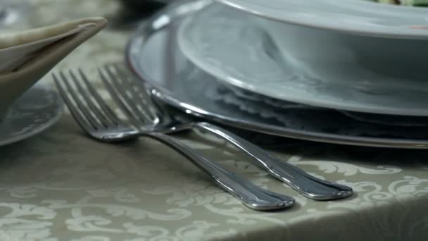 Díszítő teríték, romantikus vacsora és a pincér, aki hozza a fiatal ember finom starter — Stock videók