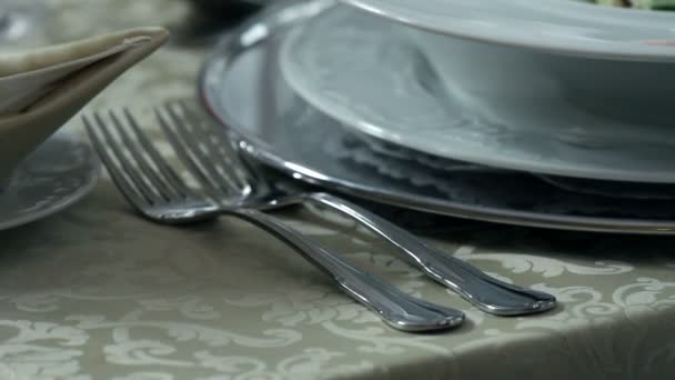 Decorative place setting for romantic dinner and waiter who brings young man delicious starter — Stock Video