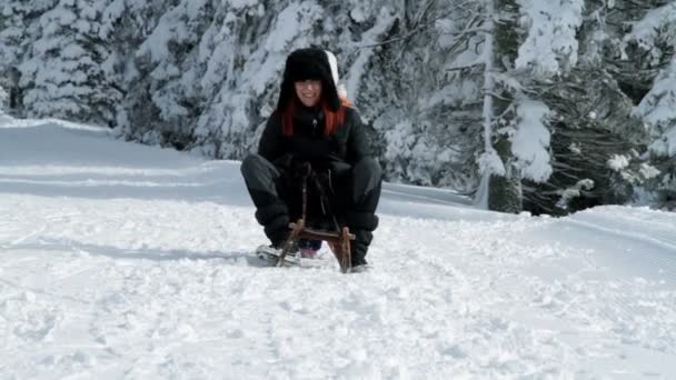 Maminka a malá dcera sleighing v idylickém prostředí — Stock video