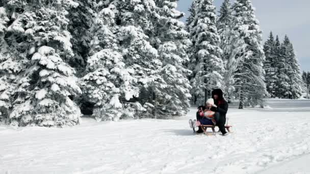 Maman et fille essayant de traîner par temps froid — Video