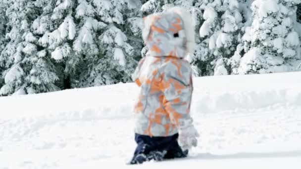 Meisje genieten terwijl sjokkende door verse sneeuw — Stockvideo