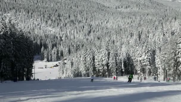Люди катаются на лыжах по склону — стоковое видео