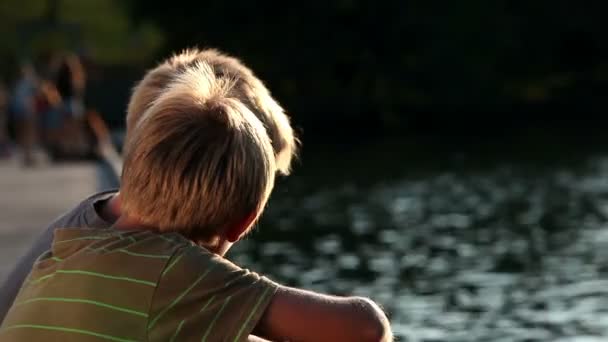 Jovens meninos olhando para o lago e falando — Vídeo de Stock