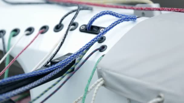 Details of ropes while preparing for sailing regatta — Wideo stockowe