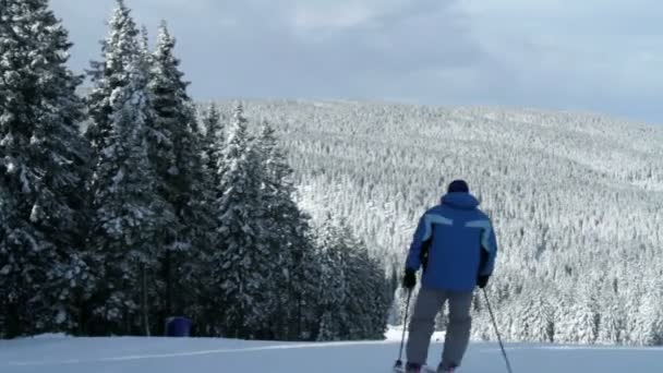 Schoonheid van de winter tijd met mannelijke skiier vooruit — Stockvideo