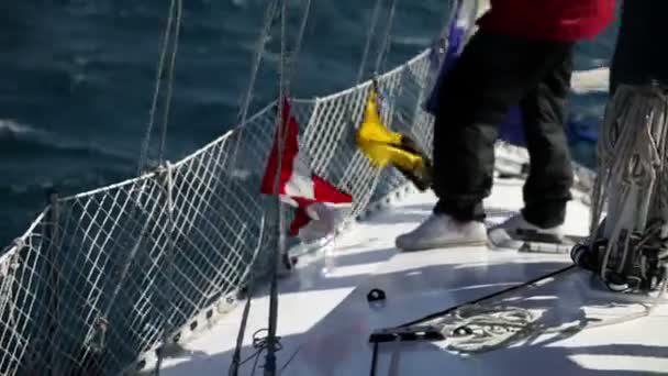 Flaggor på segelbåt vid blåsigt väder — Stockvideo