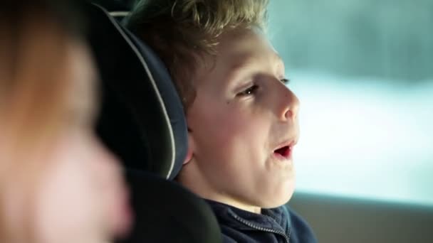 Kardeş aile tatil için devam ederken bir otomobilin arka koltuğunda — Stok video