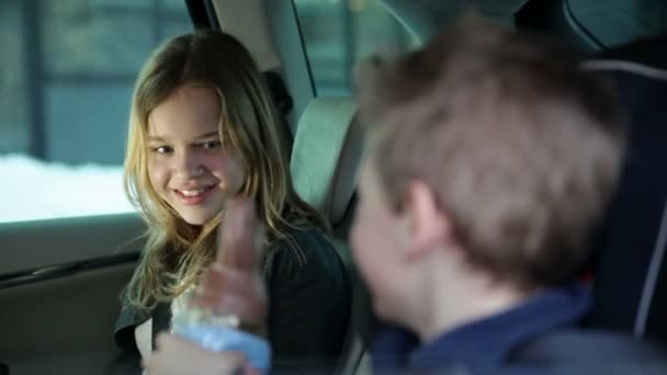 Игривые дети на заднем сиденье машины, пока семья едет в отпуск — стоковое видео