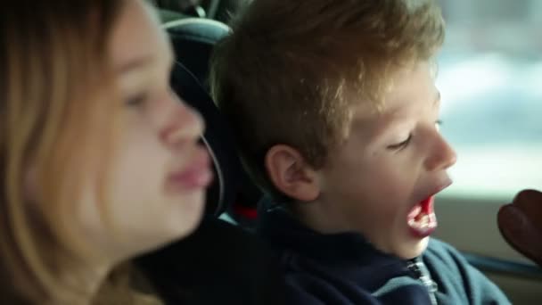 Jeune garçon à l'arrière de la voiture manger lapin chocolat — Video