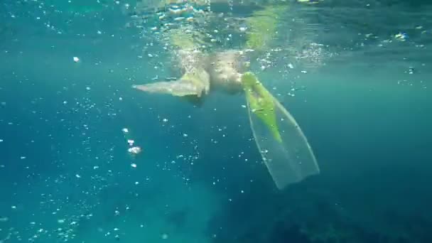 Siguiendo a la mujer mientras nada en el mar — Vídeos de Stock