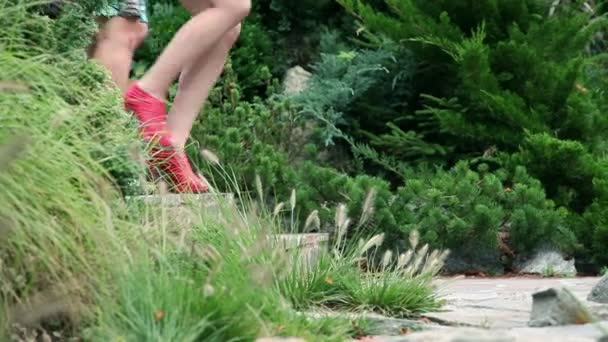 Крупный план на высоких каблуках четырех женщин, идущих в парке — стоковое видео
