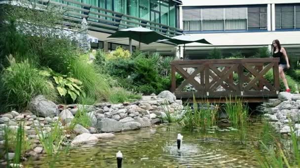 Grupo de mujeres caminando sobre puente de madera en hermoso parque — Vídeos de Stock